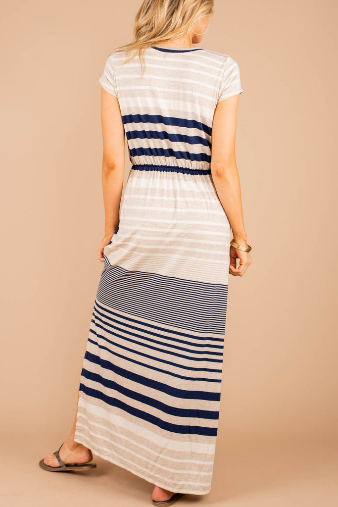 Stunning Navy Blue Multi Stripe Maxi Dress - Short Sleeves – The Mint ...