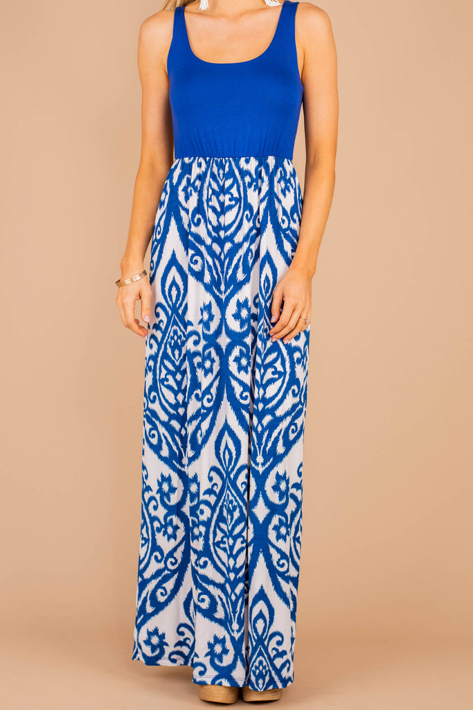 Casual Comfy Cobalt Blue Damask Maxi Dress - Empire Maxi Dress – The ...