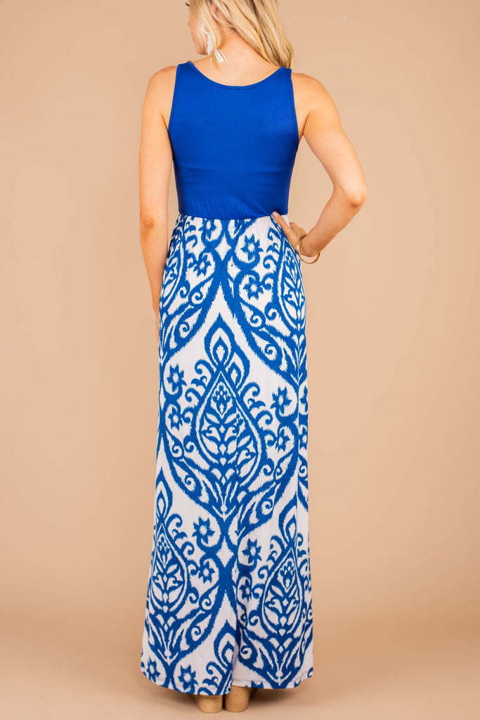 Casual Comfy Cobalt Blue Damask Maxi Dress - Empire Maxi Dress – Shop ...