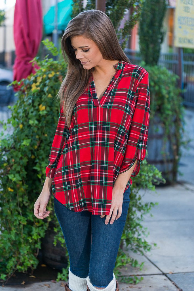 red plaid dress with black top