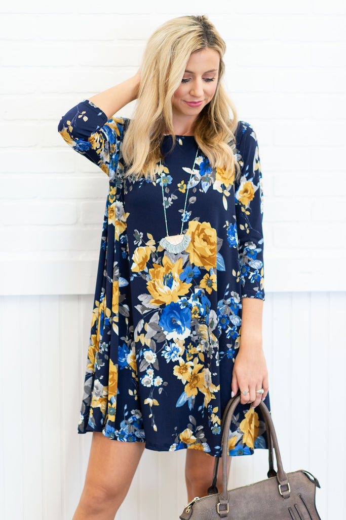 Long Sleeve Floral Dress, Navy – The Mint Julep Boutique