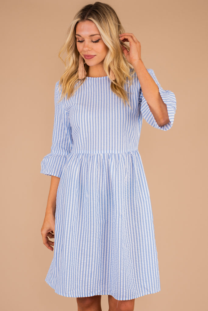 Polished Sky Blue Stripe Dress - Flutter Sleeve – The Mint Julep Boutique