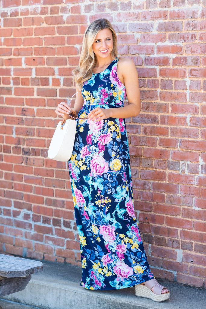 Floral Racer Maxi Dress, Navy – The Mint Julep Boutique