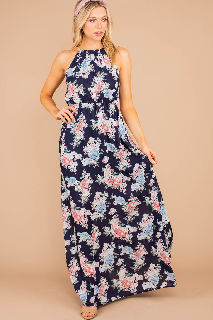 Romantic Navy Blue Floral Maxi Dress - Halter Neckline – The Mint Julep ...