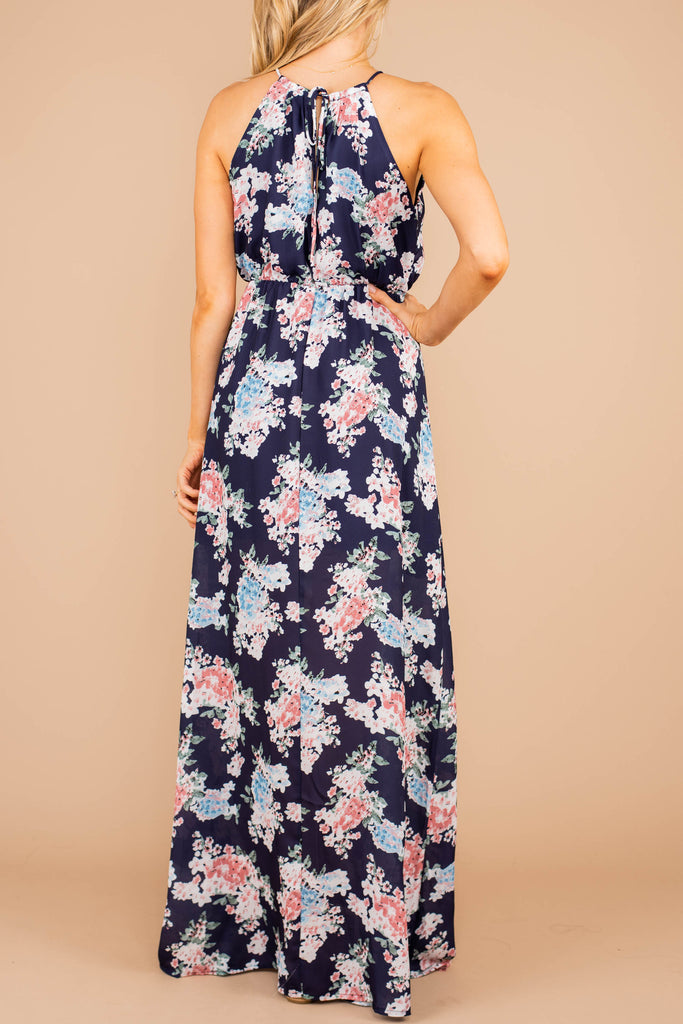 Romantic Navy Blue Floral Maxi Dress - Halter Neckline – The Mint Julep ...