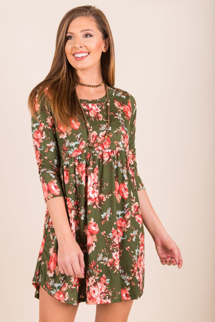 Flirtatious In Floral Dress, Olive