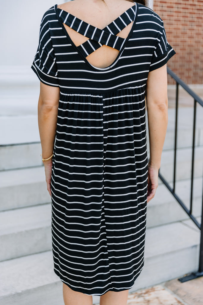 Causal Comfy Black Striped Dress - Crisscross Back – The Mint Julep ...