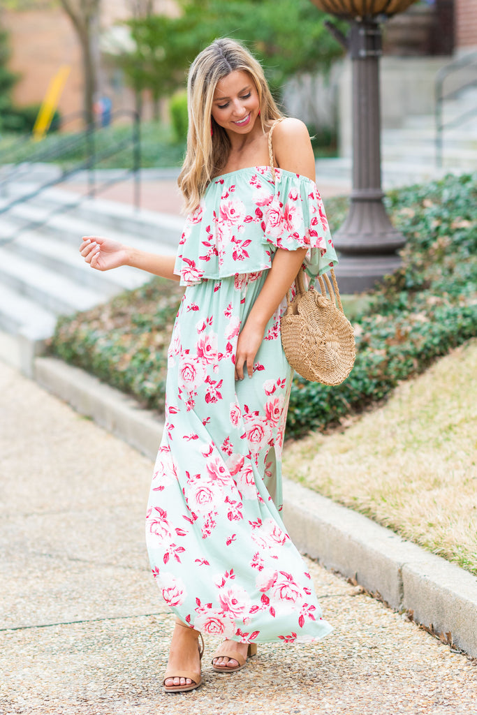 Off The Shoulder Maxi Dress, Sage – The Mint Julep Boutique