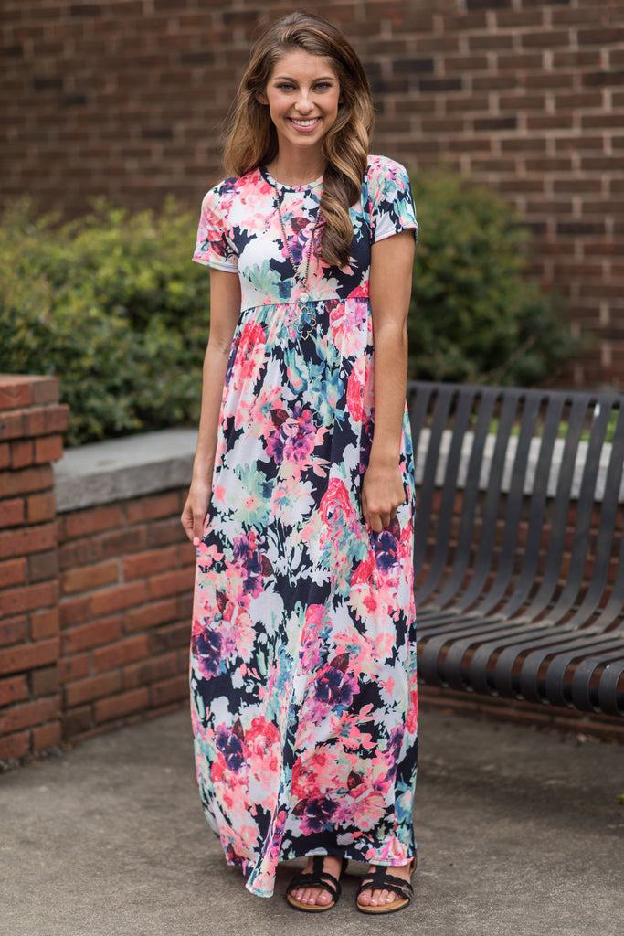 Floral Influences S/S Maxi Dress, Navy-Pink – The Mint Julep Boutique