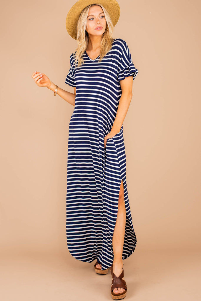 Classic Navy Blue Stripe Maxi Dress - Side Slit Hem – The Mint Julep ...
