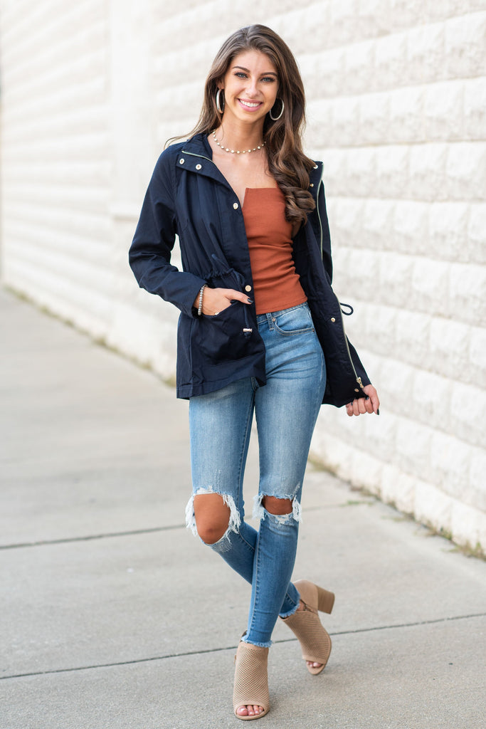 Light Casual Navy Blue Cargo Jacket, Navy - Zip Up – The Mint Julep ...