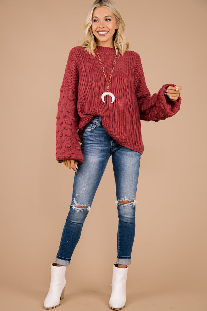 Cozy Raspberry Red Chunky Knit Sweater - Bubble Sleeves – Shop The Mint
