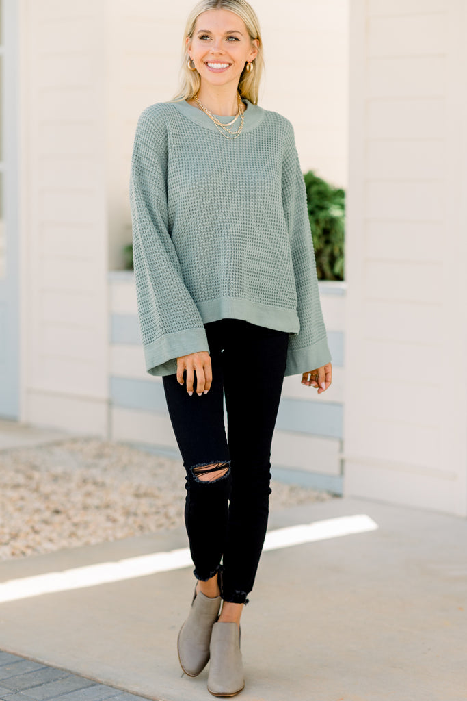 Cozy Cute Sage Green Waffle Sweater - Wide Sleeve – The Mint Julep Boutique