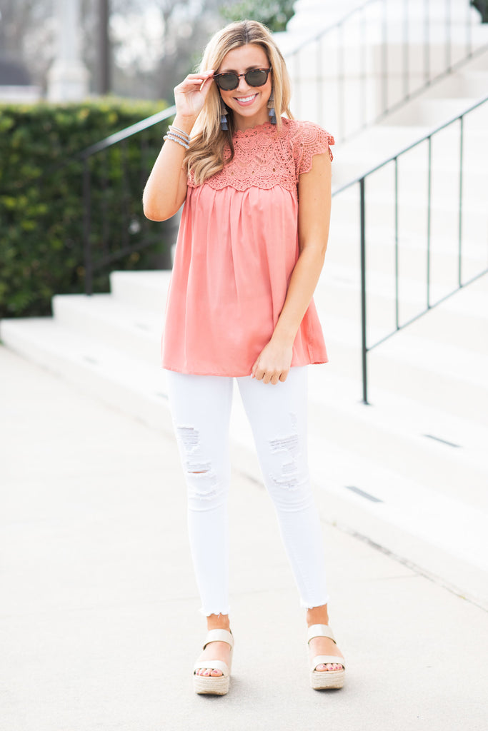 Feminine Salmon Pink Crochet Top - Flutter Cap Sleeve – The Mint Julep ...