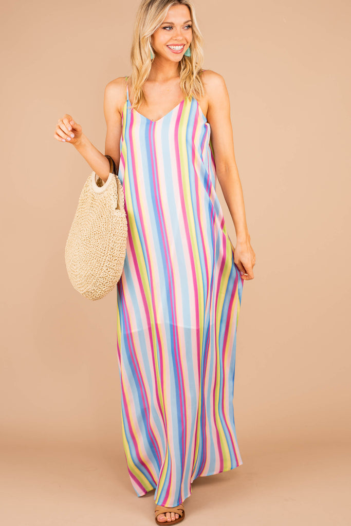Playful Pink Multi Stripe Maxi Dress - V-Neckline – The Mint Julep Boutique