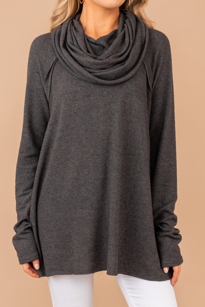 Casual Versatile Charcoal Gray Cowl Neck Sweater - Long Sleeve Top ...