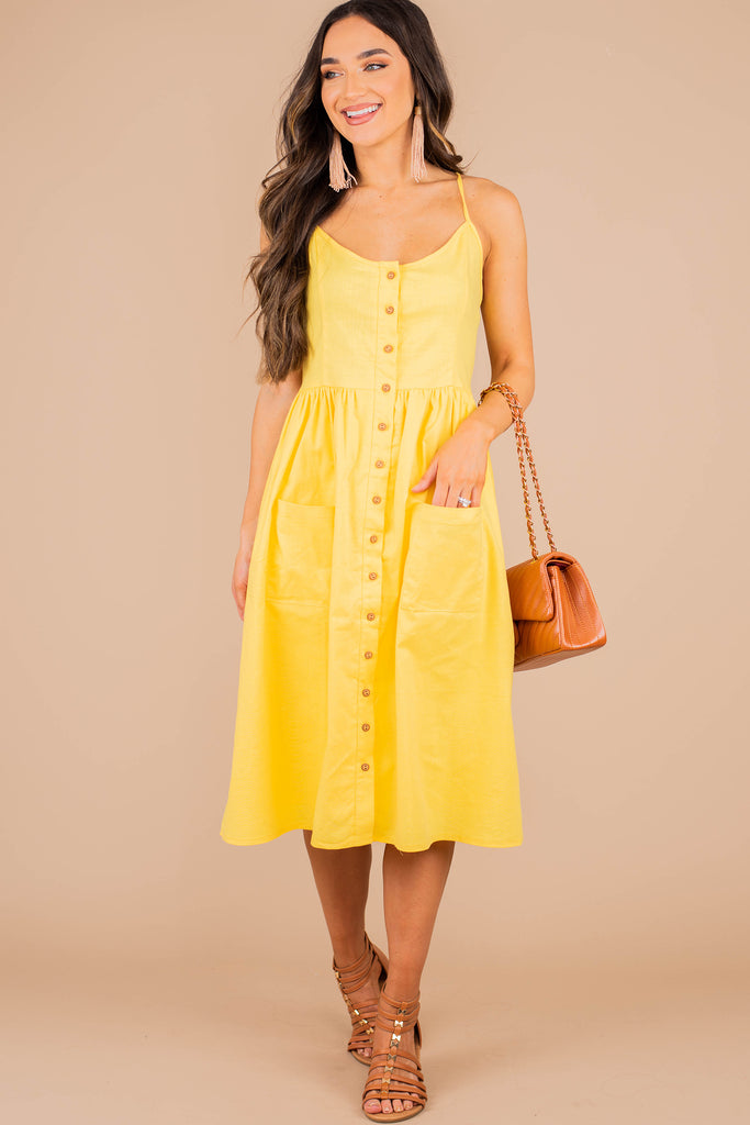 midi dress, yellow, dress, rounded neckline, spaghetti straps, pockets ...