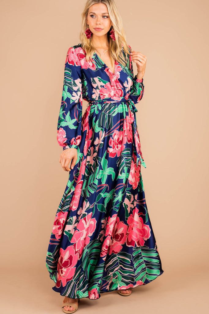 Flowy Dramatic Navy Floral Maxi Dress - Long Sleeve Dress – The Mint ...