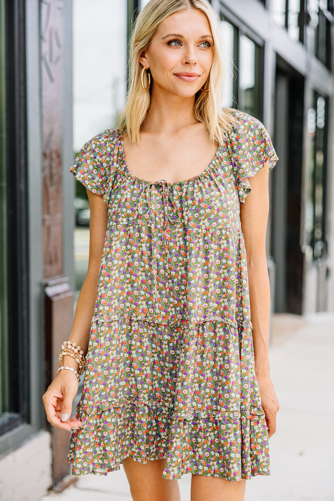 Precious Olive Green Ditsy Floral Mini Dress - Trendy Dresses – Shop ...