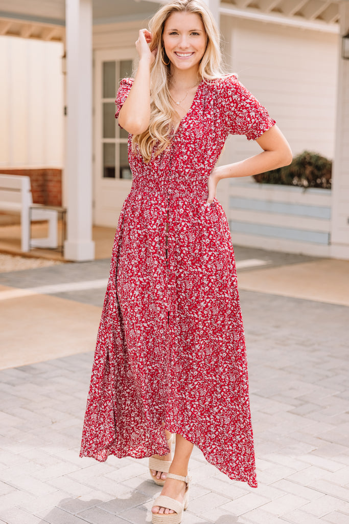 Classic Sweet Red Floral Maxi Dress - Smocked – Shop The Mint