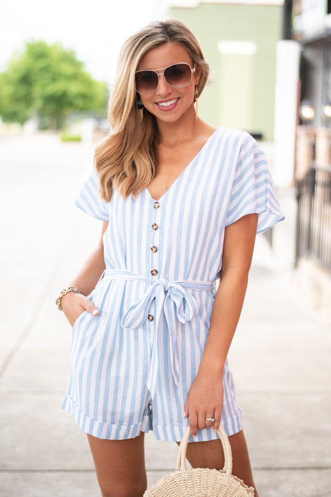 Striped Tied Waist Romper, Blue – The Mint Julep Boutique