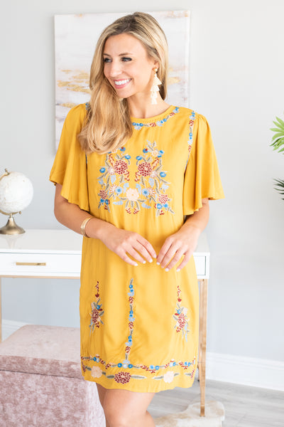 Floral Embroidered Dress, Mustard – The Mint Julep Boutique
