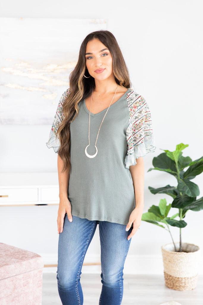 Ruffled Printed Sleeve Top, Sage – The Mint Julep Boutique