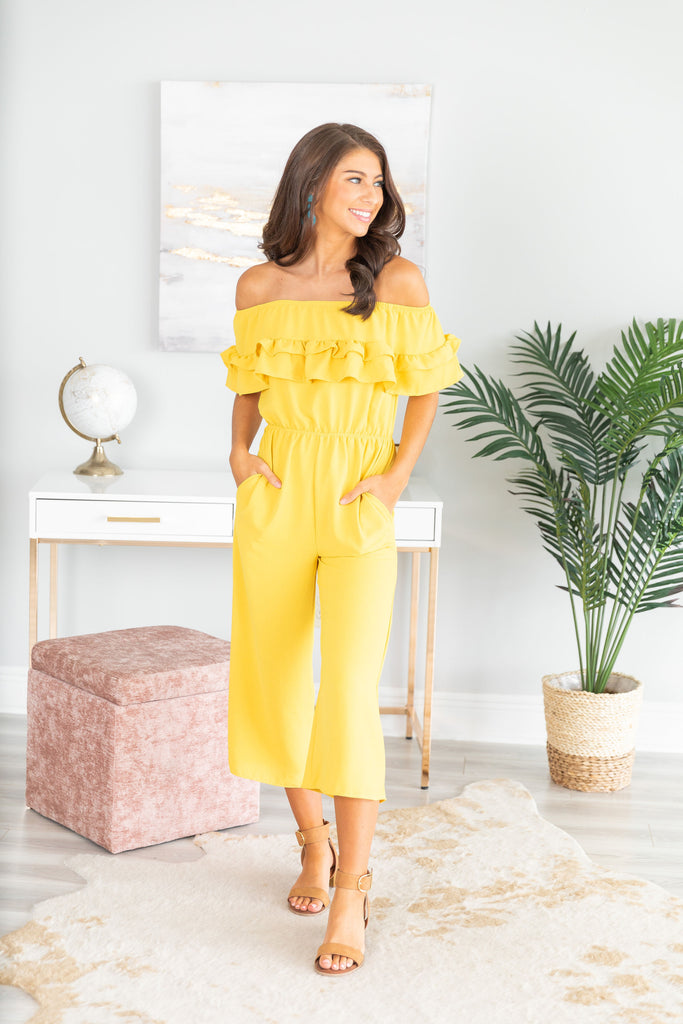 Off The Shoulder Ruffle Jumpsuit, Yellow – The Mint Julep Boutique