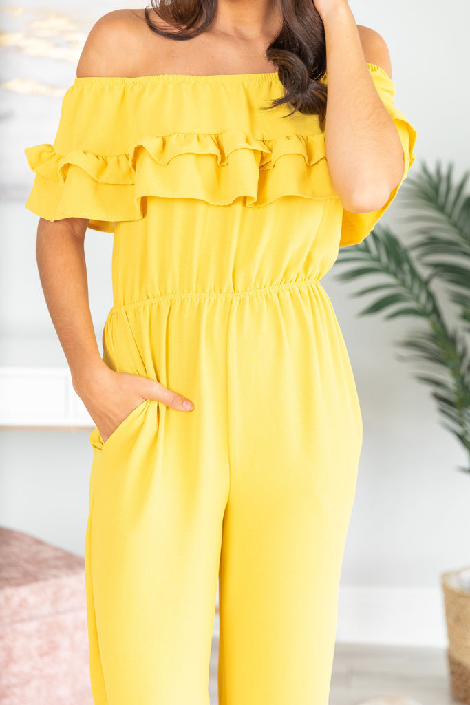 Off The Shoulder Ruffle Jumpsuit, Yellow – The Mint Julep Boutique