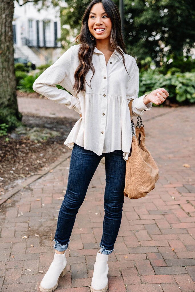 Comfy Oatmeal White Linen Top - Causal Fall Tops – Shop The Mint