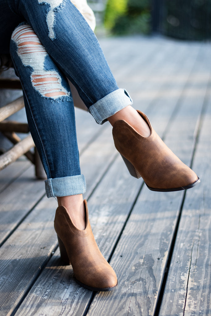 Worn Faux Leather Camel Brown Mule Booties - Heeled – Shop The Mint