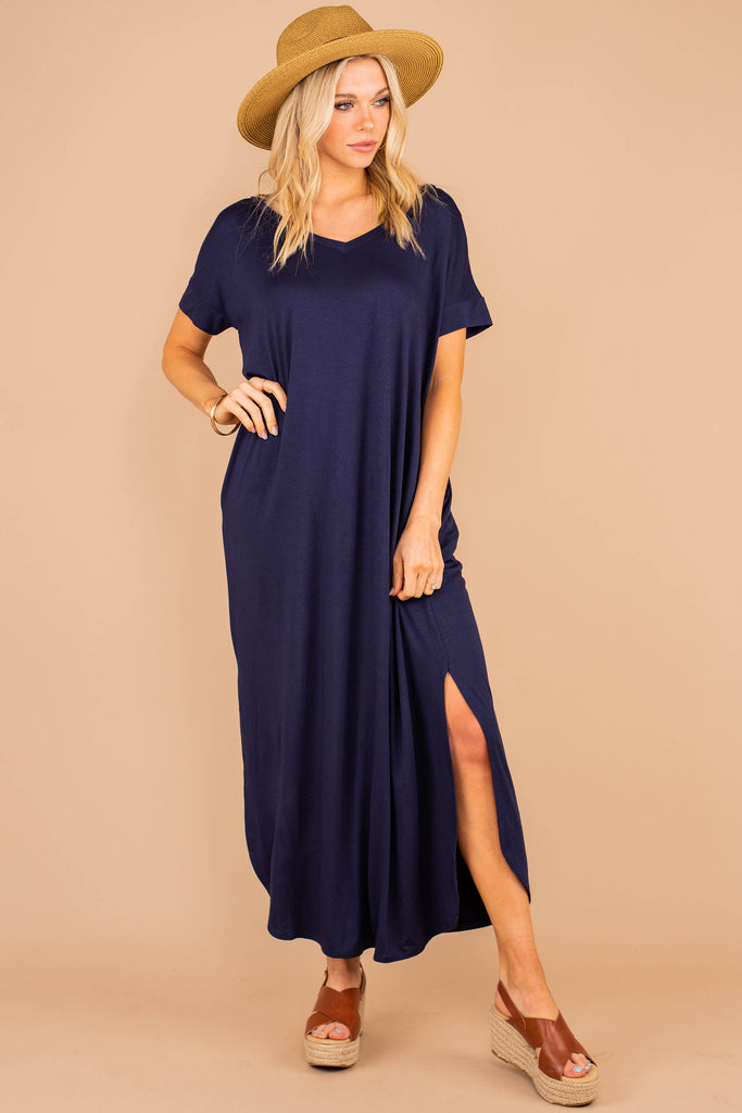 Casual Cool Navy Blue Maxi Dress - Short Sleeve – The Mint Julep Boutique