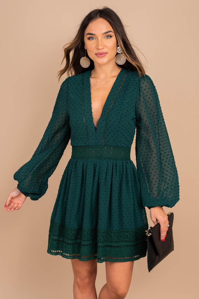 Feminine Hunter Green Swiss Dot Dress - Long Sleeves – Shop The Mint