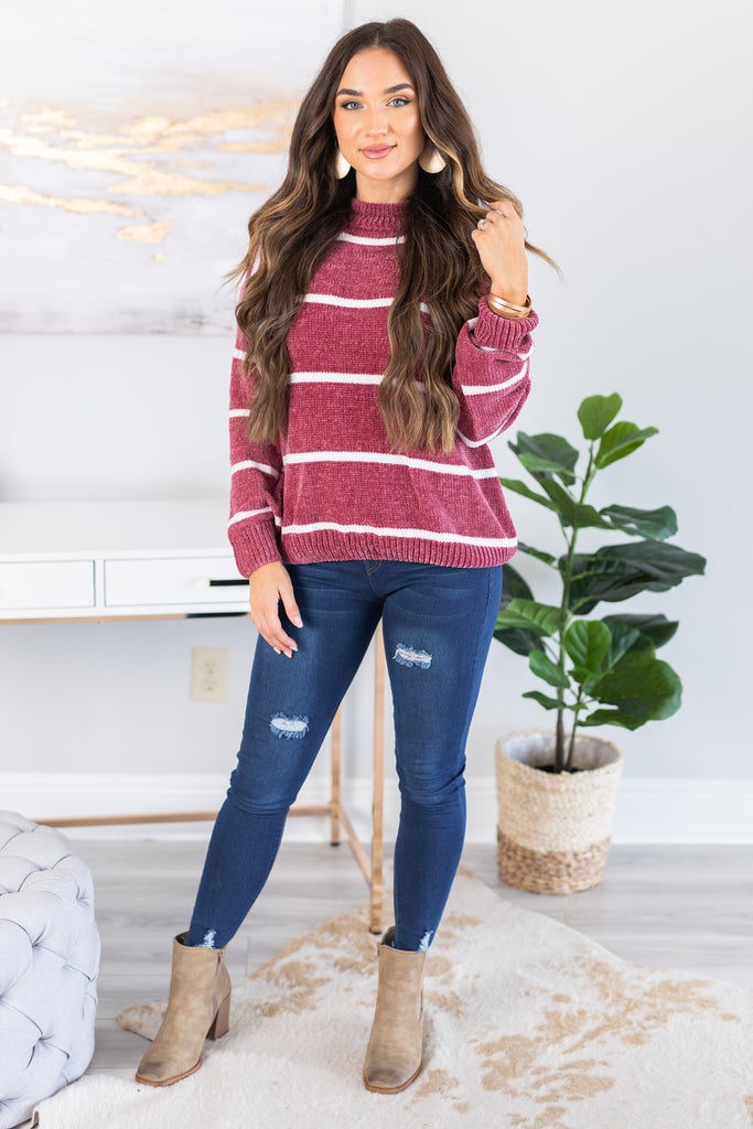 Soft And Warm Brick Red Chenille Striped Sweater - Long Sleeves – Shop ...
