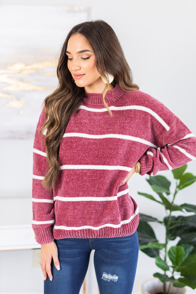 Soft And Warm Brick Red Chenille Striped Sweater - Long Sleeves – Shop ...