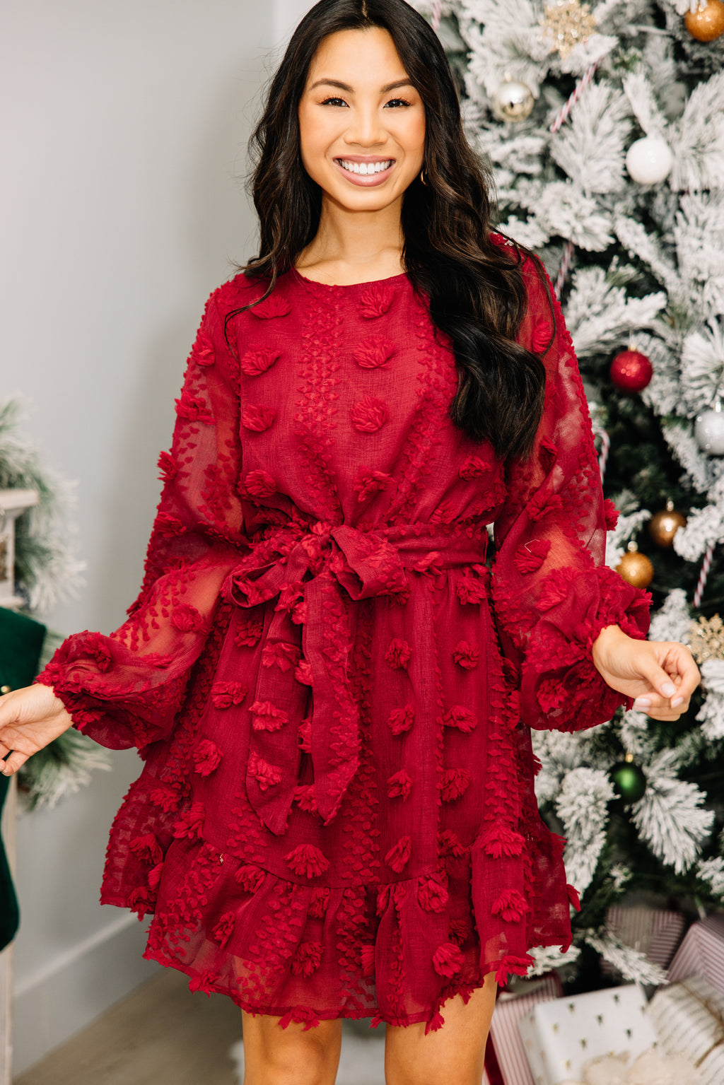 Vibrant Flattering Red Pompom Dress - Bubble Sleeves – Shop The Mint