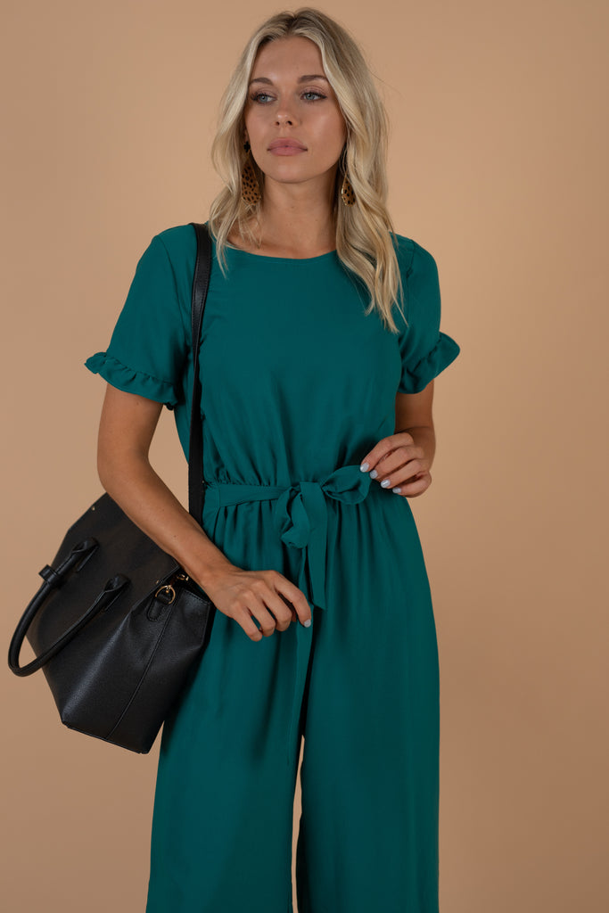 Flattering Feminine Forest Green Ruffled Jumpsuit- Cropped – The Mint ...