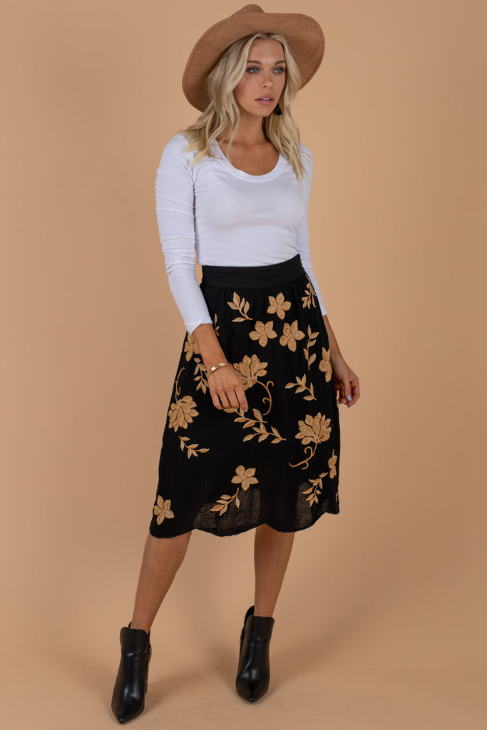 Feminine Black Floral Embroidered Midi Skirt Scalloped Hem The Mint Julep Boutique 7605