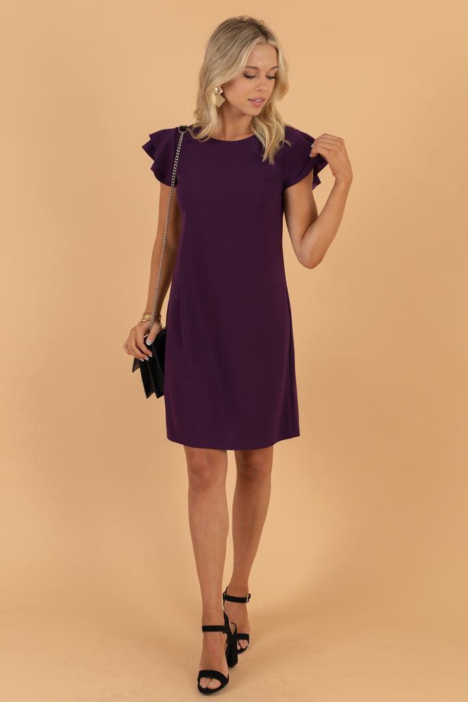Classic Plum Purple Ruffled Sleeve Dress - Shift Dress – The Mint Julep ...