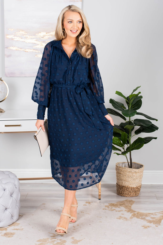 Feminine Chic Navy Blue Midi Dress Long Sleeve Midi The Mint Julep Boutique 5461