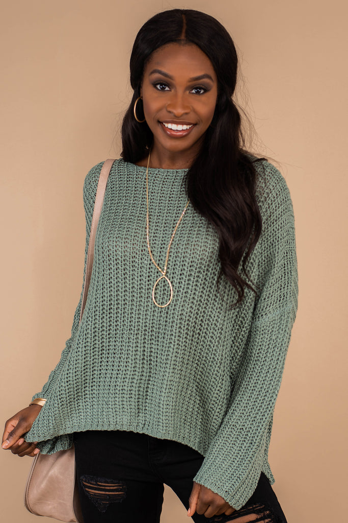 Cozy Deep Sage Green Loose Knit Sweater Wide Neckline The Mint