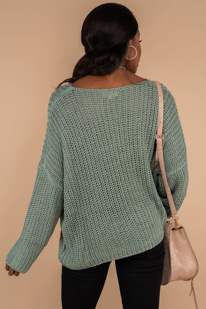 Cozy Deep Sage Green Loose Knit Sweater Wide Neckline The Mint