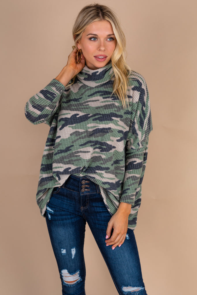 Casual Cozy Green Camo Waffle Top - Turtleneck Top – The Mint Julep ...