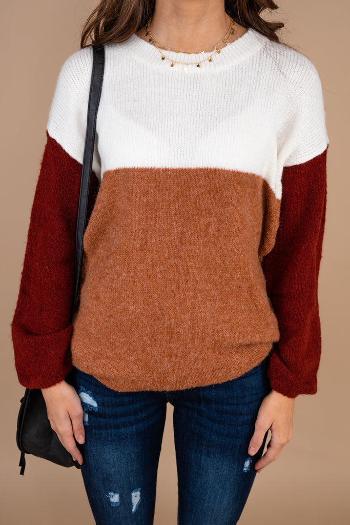 Cute And Classic Rust Orange Colorblock Sweater - Trendy Winter Sweater ...