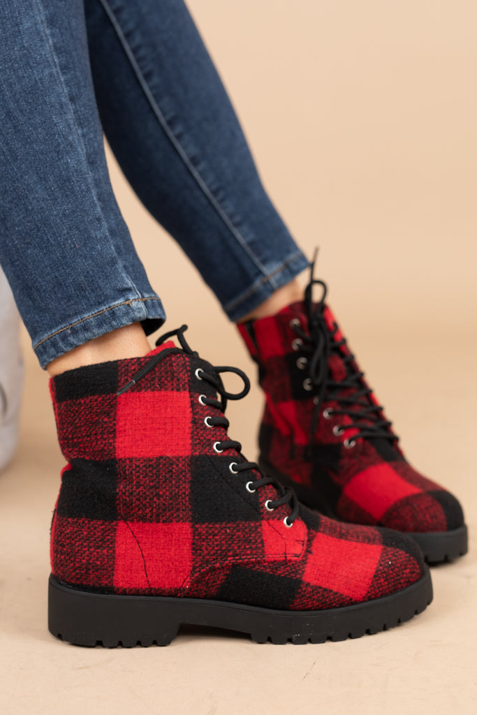 red and black plaid booties