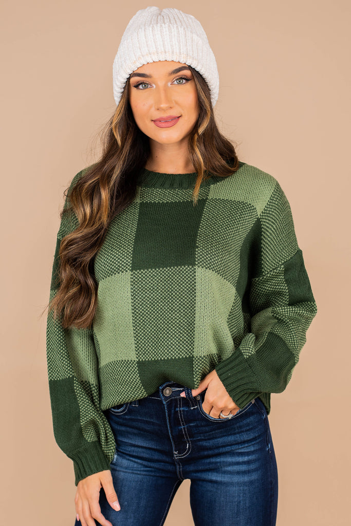 Casual Comfy Deep Green Plaid Sweater - Long Sleeve Top – The Mint ...