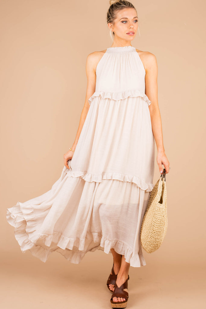 Light And Breezy Champagne White Halter Maxi Dress - Ruffled Dress ...
