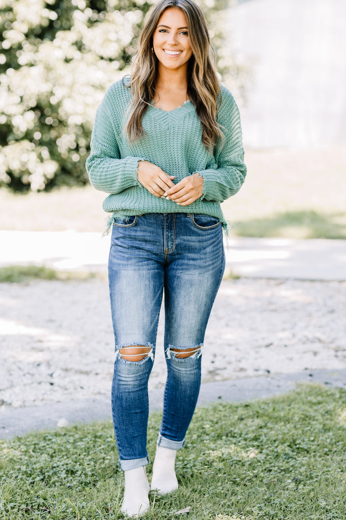 Trendy Versatile Mineral Blue Distressed Sweater - Long Sleeve Top ...