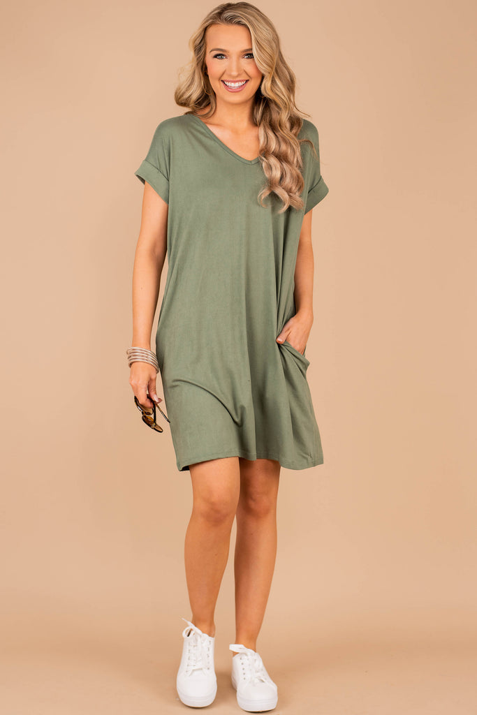 Casual Army Green T-shirt Dress - Short Sleeve Dress – The Mint Julep ...