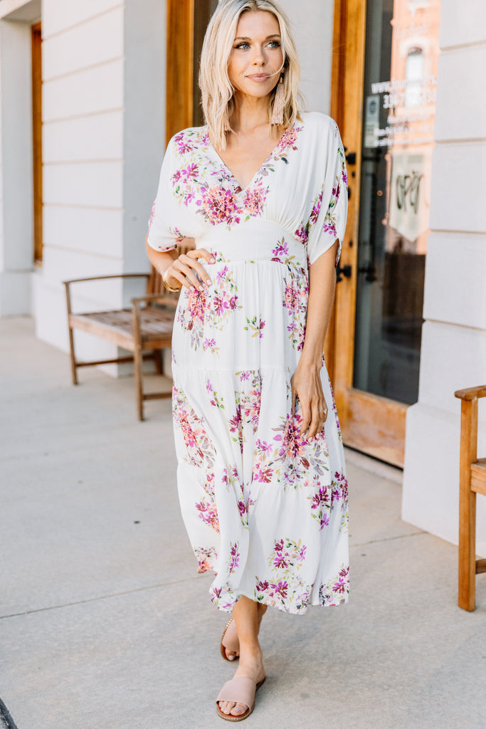Feminine Flattering Ivory White Floral Maxi Dress - Boutique Styles ...